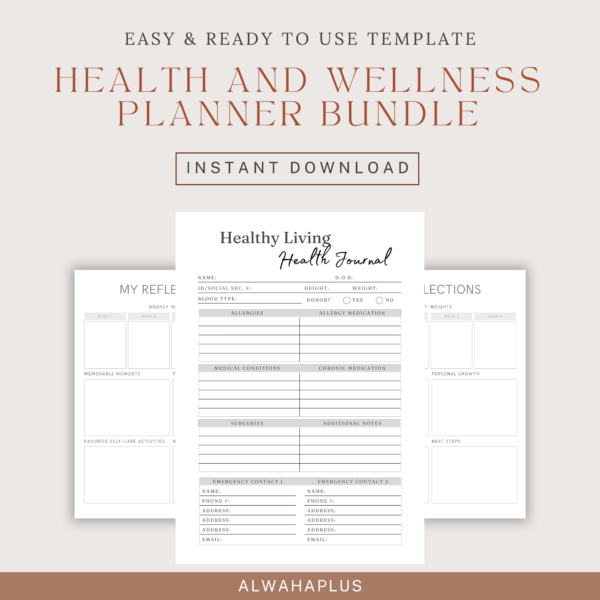 Health and Wellness Planner Bundle | Fitness, Meal, & Nutrition Planner | Weight Loss Tracker | Yoga Journal | Medical & Self-Care Organizer | Digital Download - Image 2