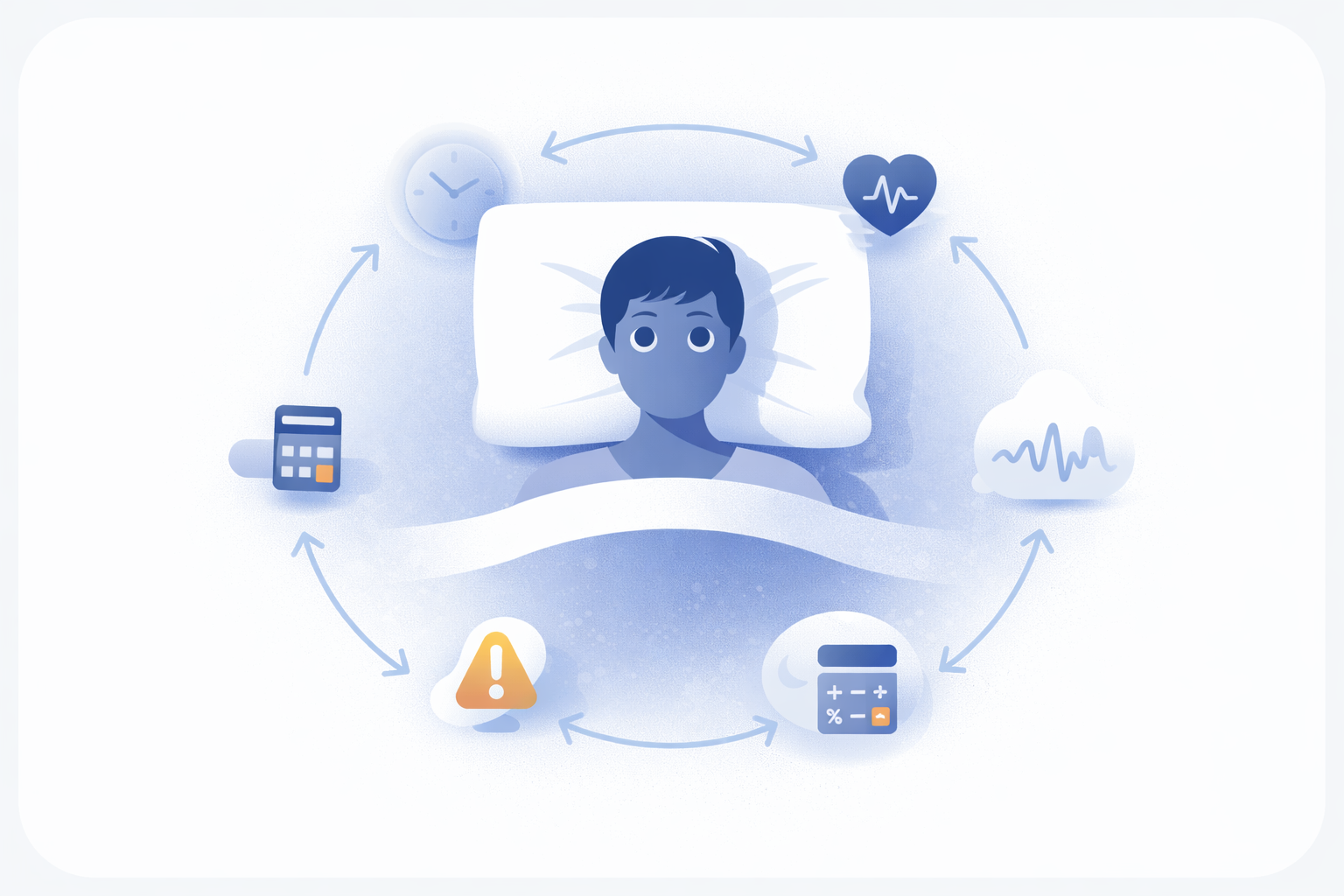 Illustration showing the sleep anxiety loop: trigger, checking, alarm, hypervigilance