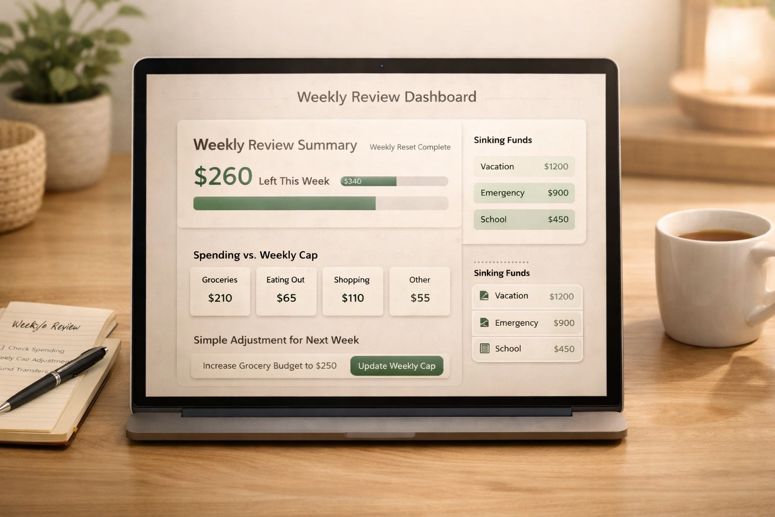 Track your weekly spending and adjust with a short review each week